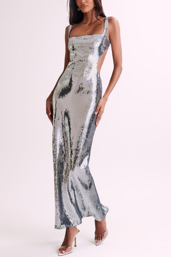 Abito Midi Slim Fit con Scollo Quadrato e Spaghetti alla Nuca Senza Schienale
