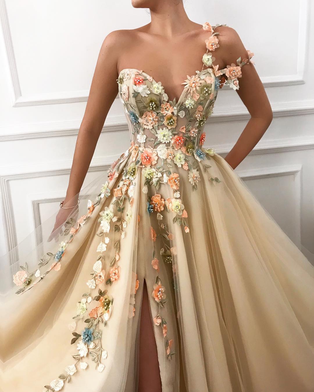 Bmbridal One Shoulder Long Prom Dress Split With Flowers