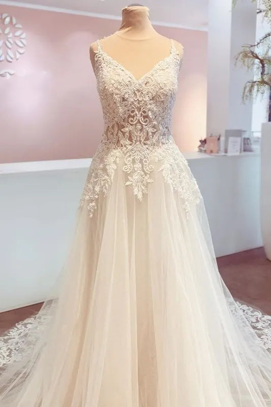 Romantic Lace V Neck A Line Wedding Dress With Elegant Detailing
