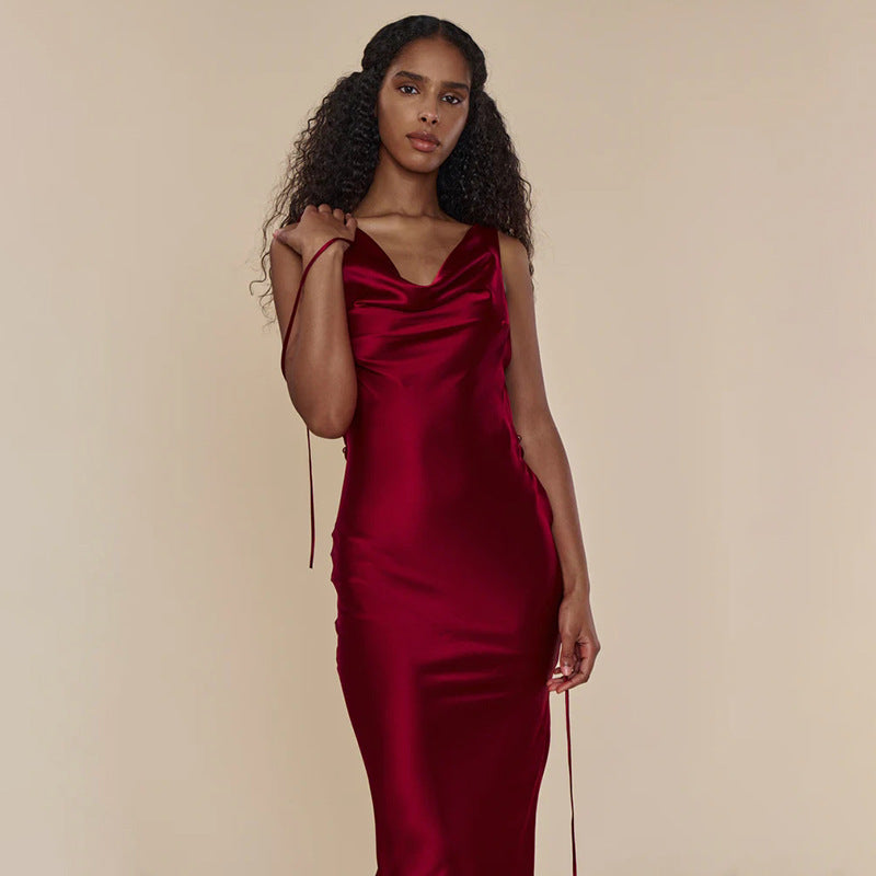 Abito da Cocktail Sera per Donna con Scollo Asimmetrico e Spalline, Abito Sexy Senza Schienale con Lacci, Abito Lungo