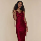 Abito da Cocktail Sera per Donna con Scollo Asimmetrico e Spalline, Abito Sexy Senza Schienale con Lacci, Abito Lungo