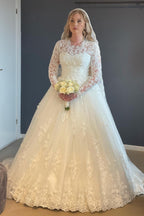 Bmbridal Long Sleeves Lace Appliques High Neck Ball Gown Wedding Dress