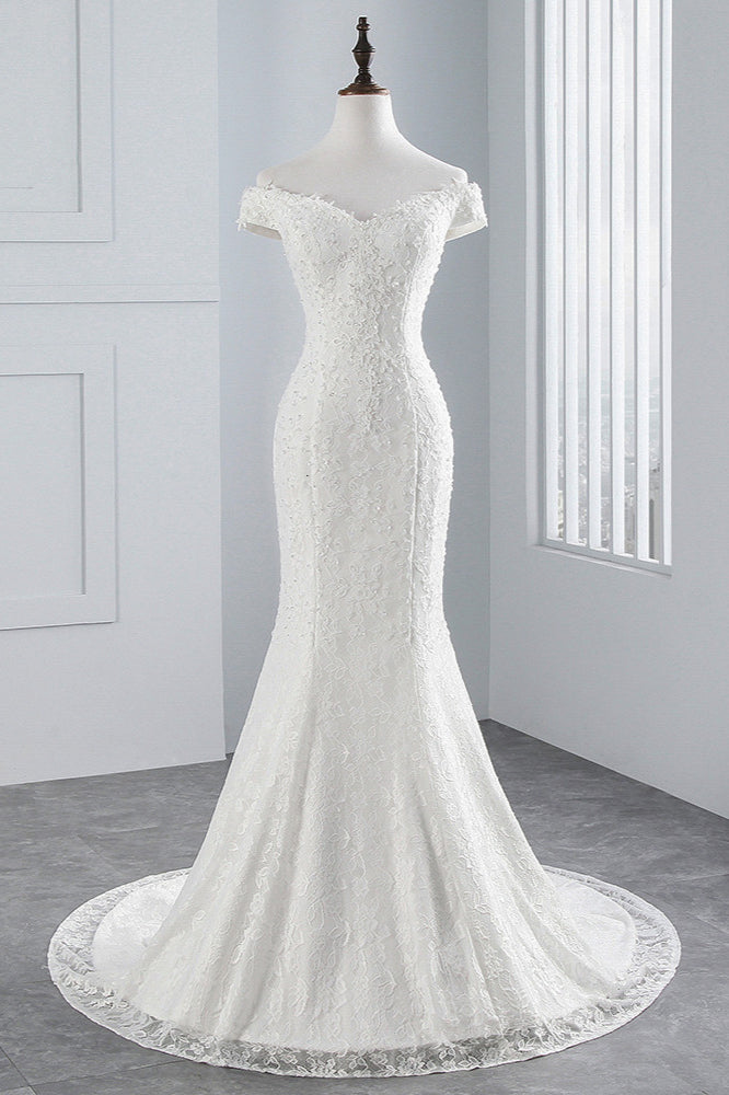 Off Shoulder Lace Mermaid Wedding Dress Floor Length Bridal Gown