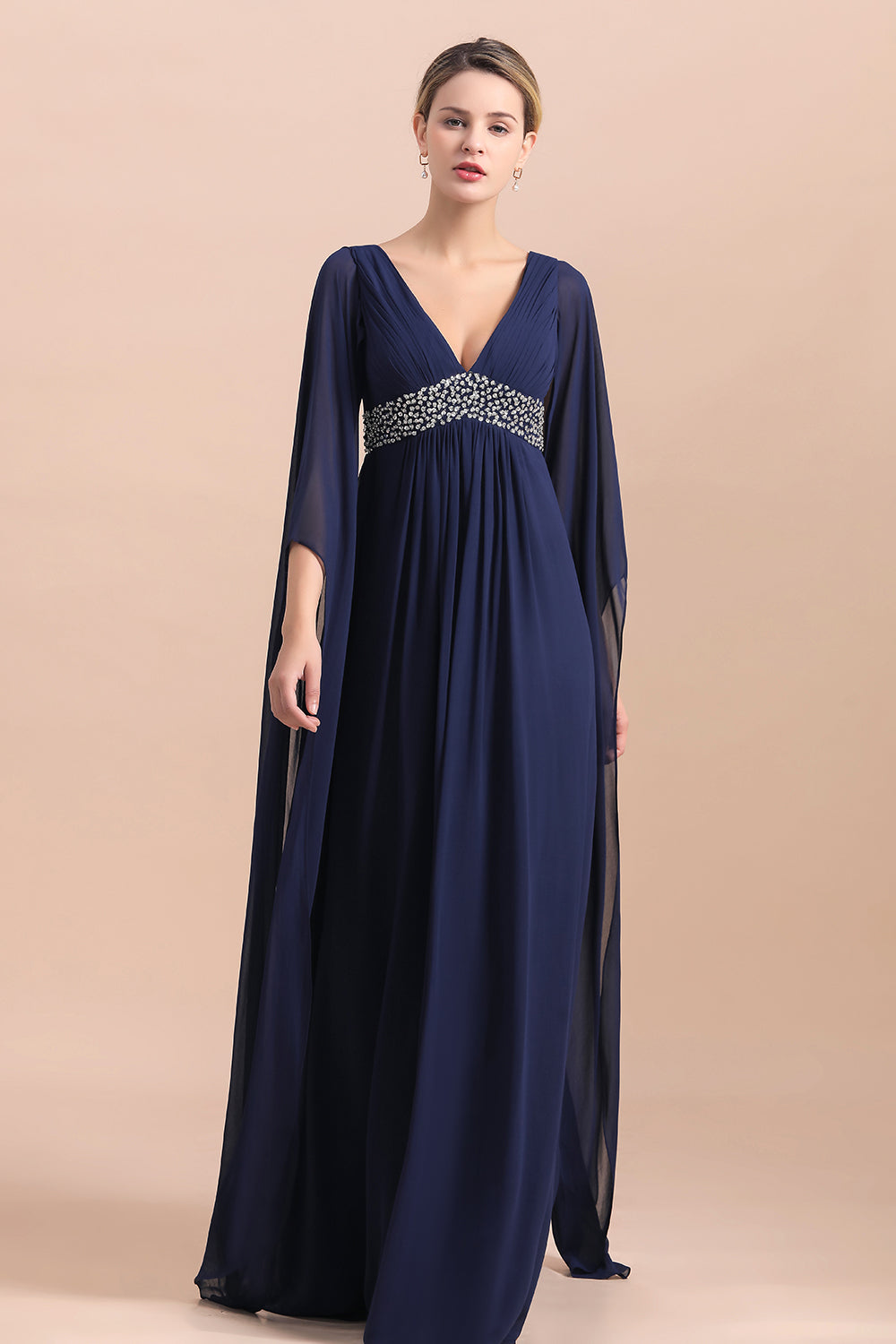 BMbridal Navy Long Sleeve Chiffon Mother Of the Bride Dress With Ruffles Online