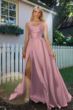Strapless Sleeveless A Line Long Prom Dress Pleated Split