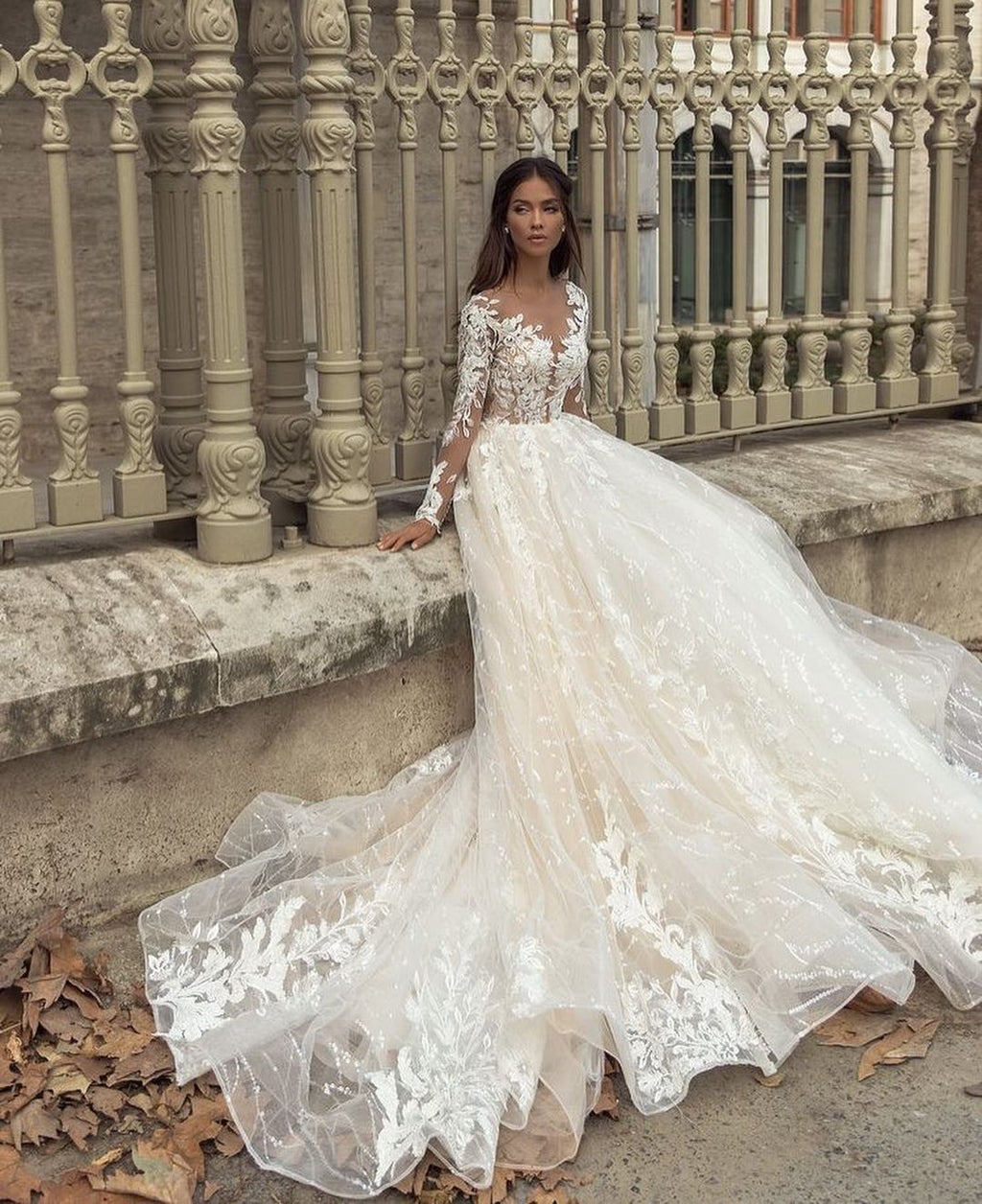 Elegant Long Sleeve Train Bateau Neckline Wedding Dress With Lace Appliques