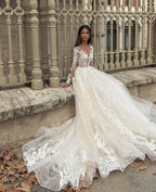 Elegant Long Sleeve Train Bateau Neckline Wedding Dress With Lace Appliques
