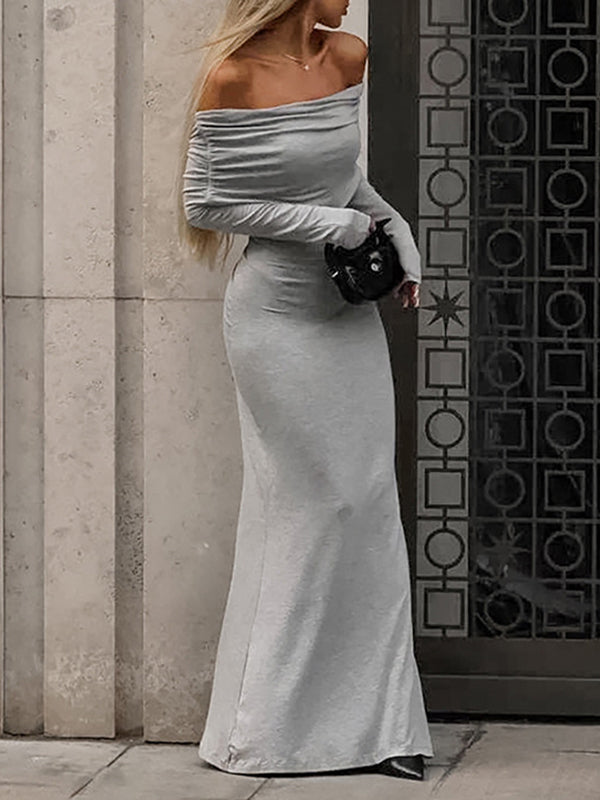 Vestidos de Noite Maxi Decote Ombro a Fora Manga Comprida Justos Pregueados Cor Liso Articulação Dividida