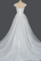 Cap Sleeve Ball Gown Wedding Dress With Sheer Tulle And Lace V Neck
