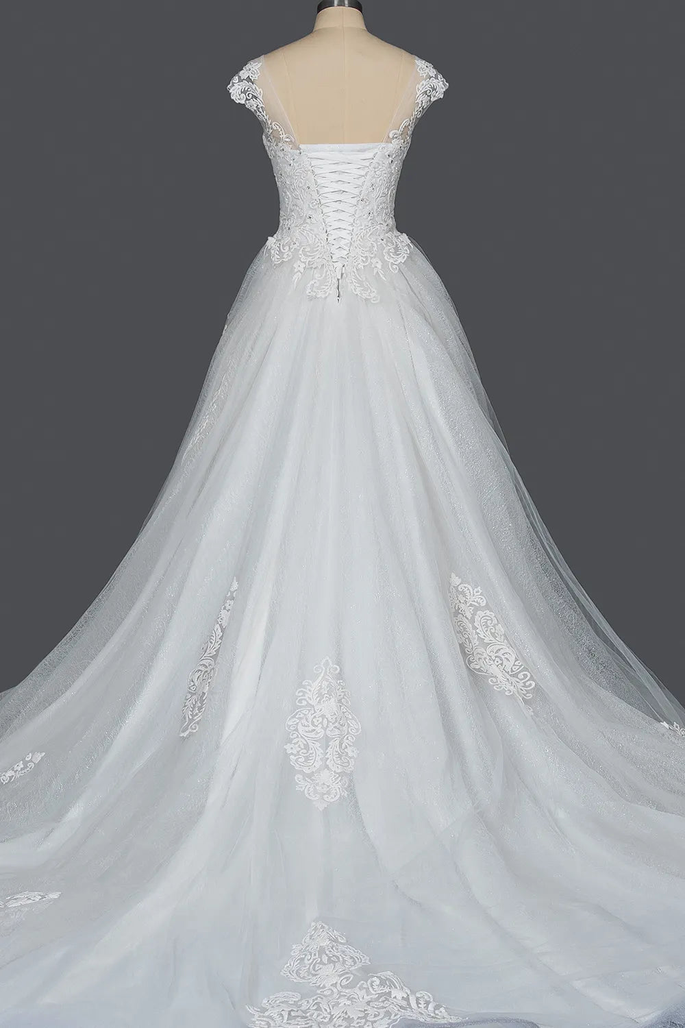 Cap Sleeve Ball Gown Wedding Dress With Sheer Tulle And Lace V Neck
