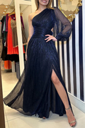 Abito da Sera Elegante Solido con Spacco e Collo Obliquo Decorato a Paillettes