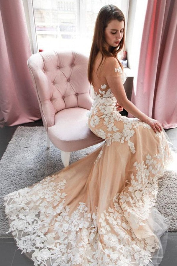 Chic Off The Shoulder Backless Mermaid Wedding Dress Floor Length Appliques Lace