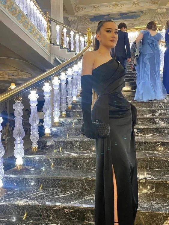 Vestido de noche negro sexy con un solo hombro y abertura, vestido de gala con guantes Y7686