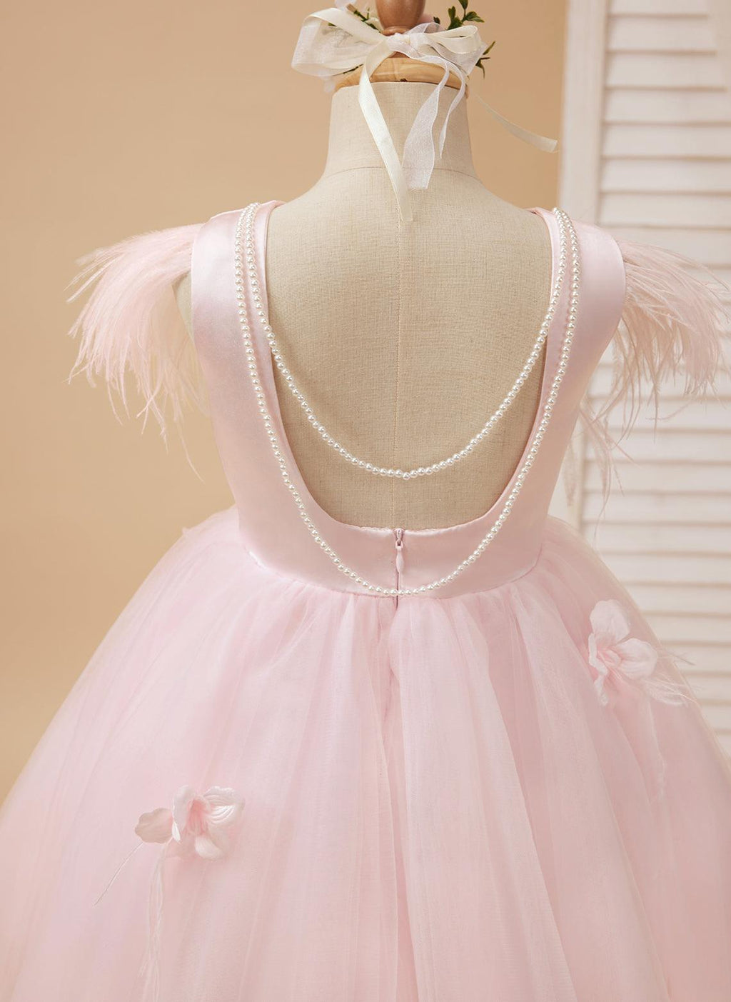 Princess Sleeveless Tulle Flower Girl Dress with Beading and Feather Bow (010224704)