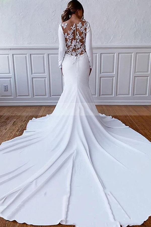 Stylish Illusion Lace Back Sheath Long Sleeves Wedding Dress With Appliques