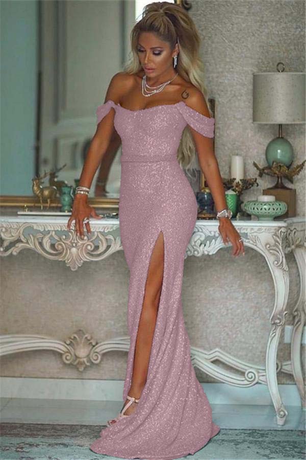 Pink Sequins Off Shoulder Mermaid Prom Dress With Slit Custom Colors And Sizing