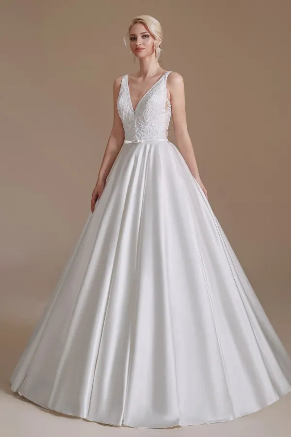 Charming A-Line Satin V-Neck Wedding Dress With Lace Appliques