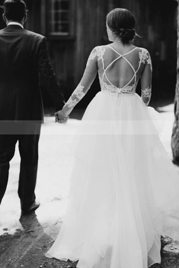 Classic Lace Floor Length Long Sleeve Sheer Tulle A Line Wedding Dress
