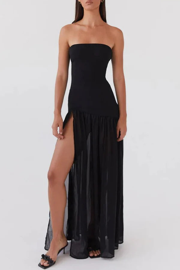 Robe longue patchwork Eden en mousseline semi-transparente sans bretelles