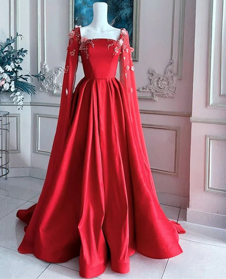 Hermoso vestido de fiesta largo de satén rojo con apliques, vestido formal de línea A para la noche con capa Y7593