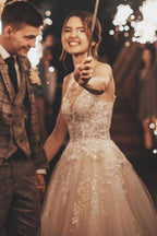 Romantic Long Tulle Lace Wedding Dress with Spaghetti Straps A Line V Neck