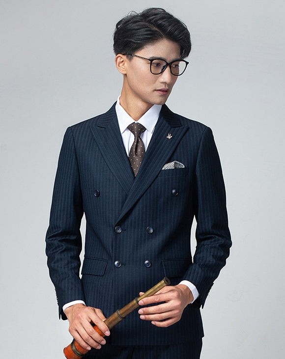 Double Breasted Suit British Grey Striped Slim Fit Business Casual