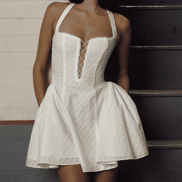 Vestido Mini Halter Branco TARUXY Para Mulheres Cintura Alta Abertura de Laços em Renda Bordada Sem Mangas Prega Sexy Costas Nuas Vestido de Noite