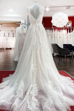 Chic Tulle V Neck Open Back Long A Line Wedding Dress With Lace Ruffles