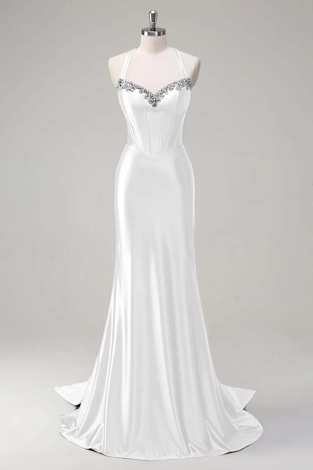 Halter Neck Sleeveless Long Mermaid Prom Dress With Beading Pleated