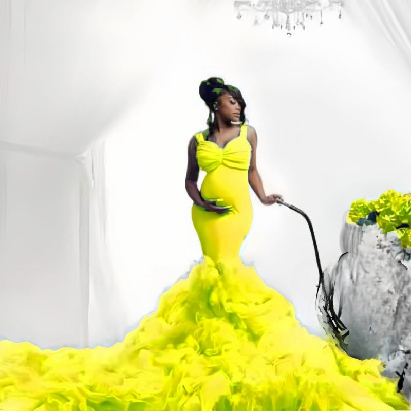 Nouvelle robe photo de grossesse à taille filet souple, queue de poisson, élastique, ample pour grand ventre