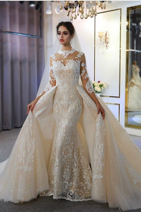 Floor Length A Line Sweetheart Long Sleeves Wedding Dress With Appliques Lace