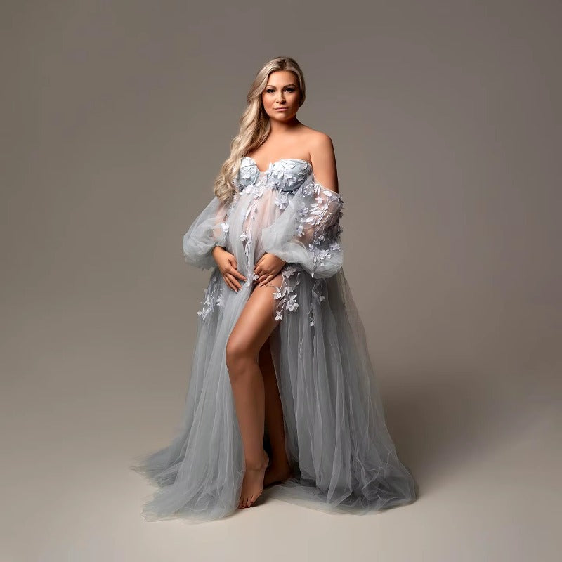 Abito premaman elegante in tulle con applicazioni, maniche a sbuffo, spacco laterale, scollo a cuore, abiti premaman per servizio fotografico, abito per festa premaman su misura