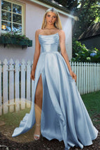 Strapless Sleeveless A Line Long Prom Dress Pleated Split