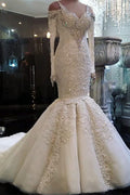 V Neck Mermaid Wedding Dress With Beadwork Long Sleeves And Lace Appliques