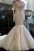 V Neck Mermaid Wedding Dress With Beadwork Long Sleeves And Lace Appliques