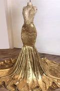 Robe longue de bal sirène sans manches brillante or avec applications en dentelle