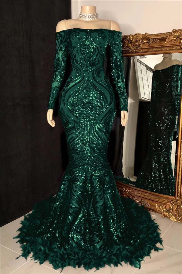 Custom Made Burgundy Sequin Mermaid Prom Dress With Long Sleeves And Feathers