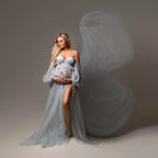 Abito premaman elegante in tulle con applicazioni, maniche a sbuffo, spacco laterale, scollo a cuore, abiti premaman per servizio fotografico, abito per festa premaman su misura
