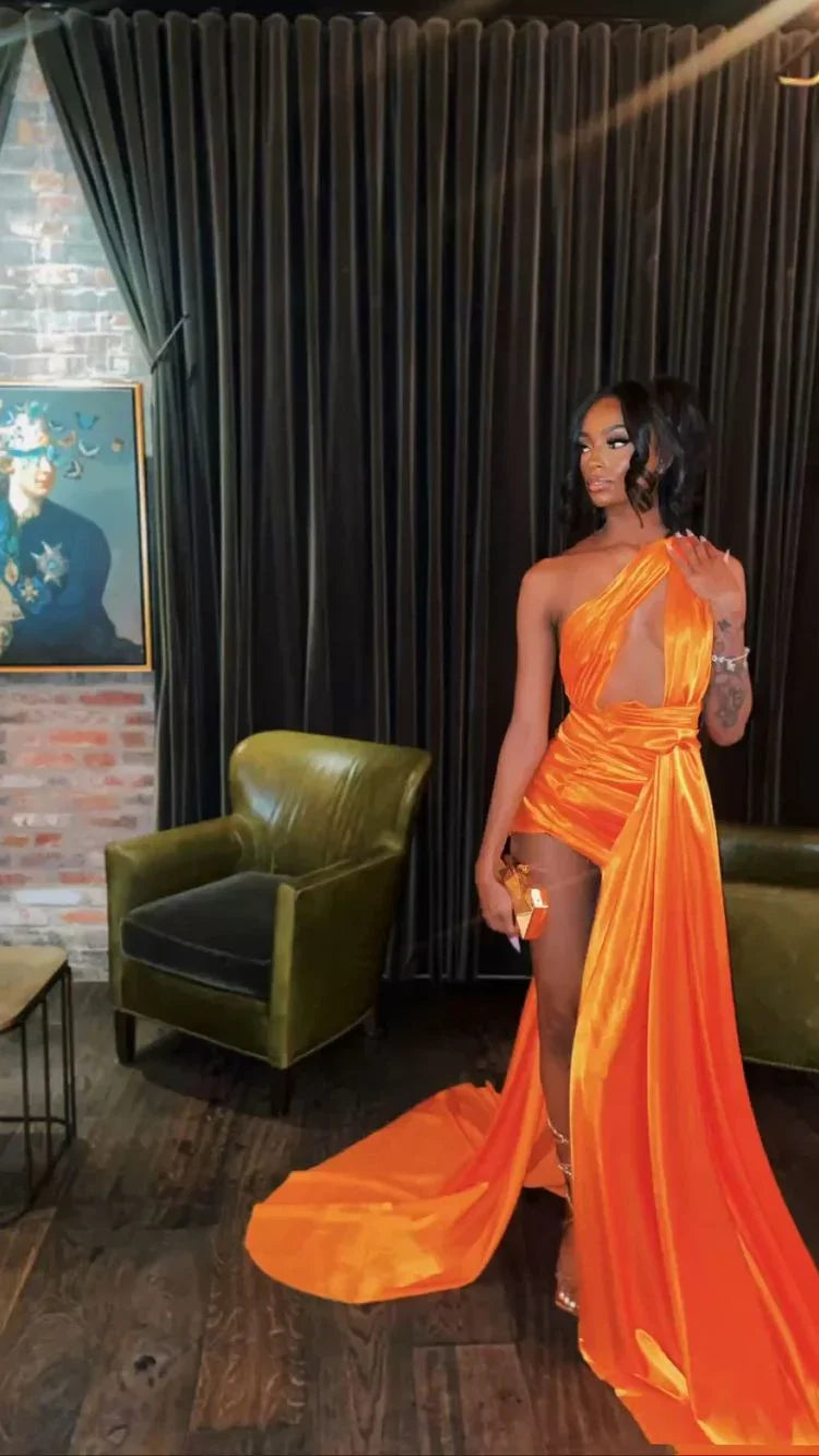 Robe de fête sexy en satin orange sans manches, tenue pour le 21e anniversaire, robe de soirée sexy Y782