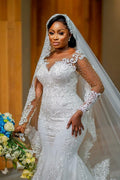 Bridal Long Sleeves Mermaid Wedding Dress With Lace Built In Bra Pearls