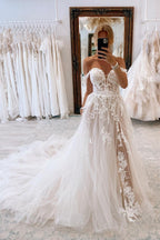 Champagne Tulle Off Shoulder Wedding Dress With Appliques A Line Chapel Train