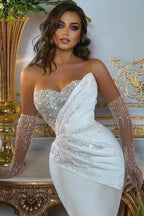 Vestido de casamento com miçangas de sereia de mangas compridas branco querido com saia destacável