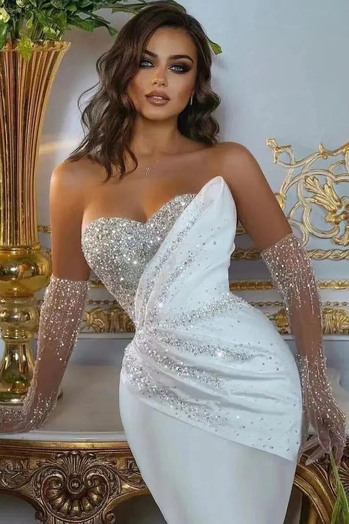 Vestido de casamento com miçangas de sereia de mangas compridas branco querido com saia destacável