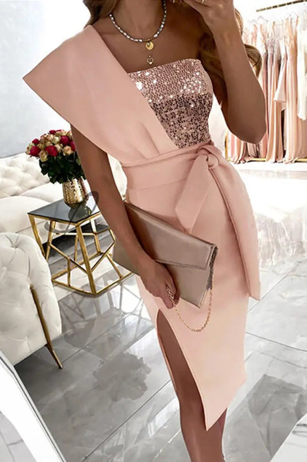 Abito Midi Monospalla con Applique di Paillettes "Giornata Incantevole"