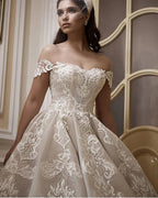 Elegant Floor Length Church A Line Off The Shoulder Wedding Dress Lace Appliques