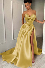 Strapless Sleeveless Long Prom Dress With High Split Pleated