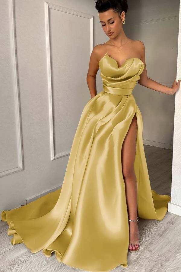 Strapless Sleeveless Long Prom Dress With High Split Pleated