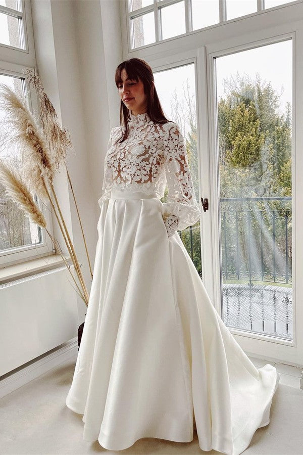 Bmbridal Long Sleeves Lace Satin Mermaid Bridal Dress With Pockets