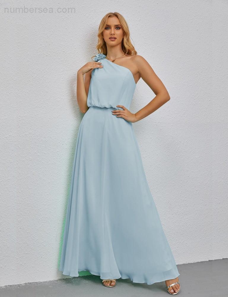 Ruffled One Shoulder Sleeveless Long Bridesmaid Dresses A-line Formal Evening Gown Side Split 28080