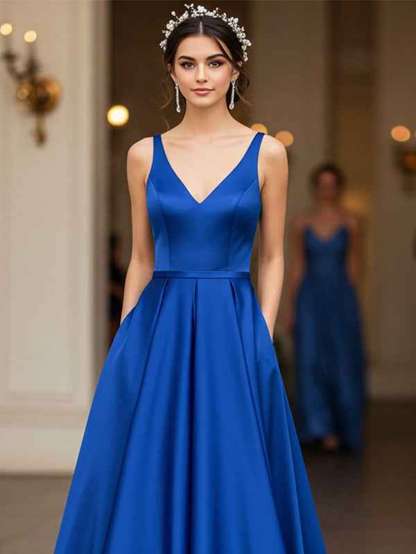 Royal Blue Satin V Neck Prom Dress With Floor Length A Line